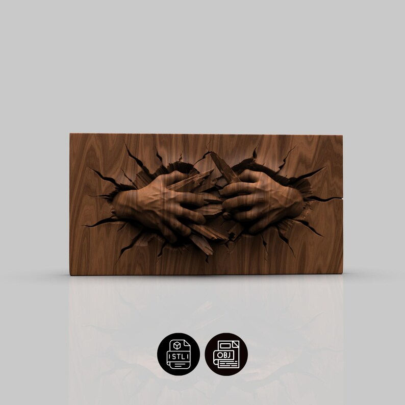 May include: A wooden carving shows two hands emerging from the wood, holding a knife. The hands are intricately detailed, with the wood grain clearly visible. The image includes icons for STL and OBJ files.