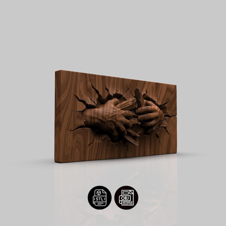 May include: A wooden relief sculpture depicting two hands emerging from a wooden surface. The hands are intricately carved and appear to be reaching out. The wood has a warm, brown tone.