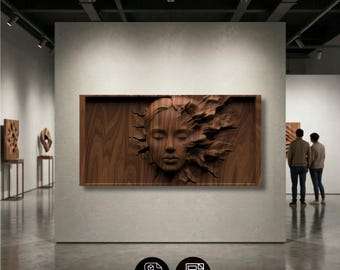 Horizontal Shattered Woman Face Relief STL , Surreal Framed Wood Carving , CNC Router 3D Printer File , Fragmented Portrait Wall Art