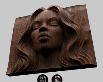 Flowing Hair Woman Face Relief STL , Serene Female Portrait Wall Art , CNC Router 3D Printer File , Wavy Hair Wood Carving Digital Model