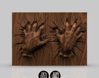 Hands Breaking Through Wood Relief STL, Cracked Surface Wall Art, 3D Wood Carving Model, CNC Router & 3D Printer File