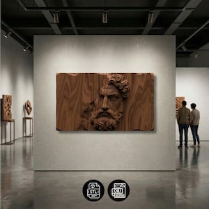 May include: A rectangular wooden wall art piece featuring a high-relief carving of a bearded male face with curly hair. The wood grain is visible across the surface, and the carving appears to emerge from the flat panel. Two circular icons with the text STL and OBJ are displayed below the artwork.