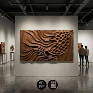 May include: A large, rectangular wooden wall art piece with a carved, flowing wave pattern and a section of circular indentations. The artwork is displayed in a gallery setting, showcasing its intricate design and texture.