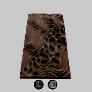 May include: A rectangular dark brown wooden panel featuring a carved surface with a combination of flowing, parallel wave patterns on one side and irregular, organic, crater-like depressions on the other. Two circular icons labeled STL and OBJ appear below.