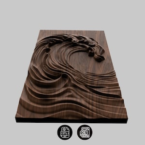 May include: A rectangular dark brown wooden panel featuring a three-dimensional relief carving of a large curling ocean wave. The wood grain is visible across the surface, and the carving depicts the crest and flowing movement of water.