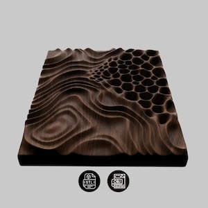 May include: A dark brown, 3D-printed relief sculpture with a textured, organic design. The artwork features flowing, wave-like patterns and a section of honeycomb-like cells. Includes STL and OBJ file icons.