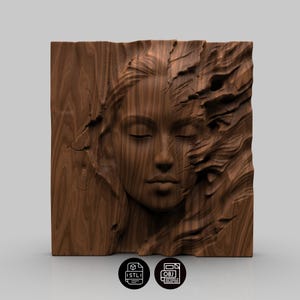 May include: A wooden wall art piece featuring a carved face with closed eyes. The artwork is a relief sculpture, with the face emerging from the wood. The wood grain is visible, adding texture and detail to the piece. The sculpture is a square shape.