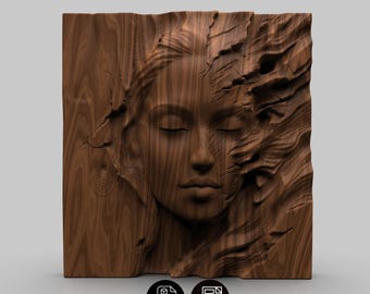 Abstract Woman Face Relief STL , Sweeping Wind Surreal Wall Art , CNC Router & 3D Printer File , Modern Wood Carving Model