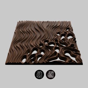 May include: A square, dark brown wooden panel with a carved, flowing design. The panel features a series of wave-like patterns and irregular openings. The image includes icons for STL and OBJ file formats, suggesting a 3D model.
