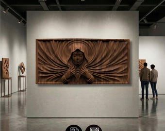 Panoramic Veiled Woman Relief STL OBJ , Wide Framed Wood Carving , CNC Router 3D Printer File , Horizontal Wall Art Panel Digital Model