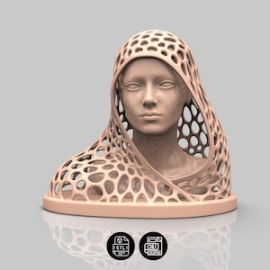 May include: A peach-colored bust sculpture of a woman with a latticework veil. The sculpture has a smooth face and is set on a circular base. The image includes icons for STL and OBJ file formats.