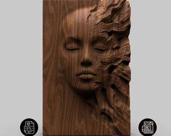 Abstract Half Face Relief STL, Surreal Woman Wood Carving , CNC Router & 3D Printer File , Modern Wall Art Panel , 3D Digital Model