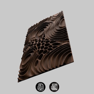 May include: A rectangular dark brown wooden wall panel featuring a complex three-dimensional surface with fluid, wave-like contours and a central cluster of interconnected, organic, honeycomb-shaped hollows carved into the wood grain.