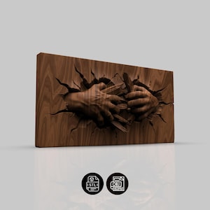 May include: A wooden relief sculpture showing hands emerging from a wooden surface, grasping wooden fragments. The sculpture is a warm brown colour, with detailed textures and shadows. The image includes STL and OBJ file icons.