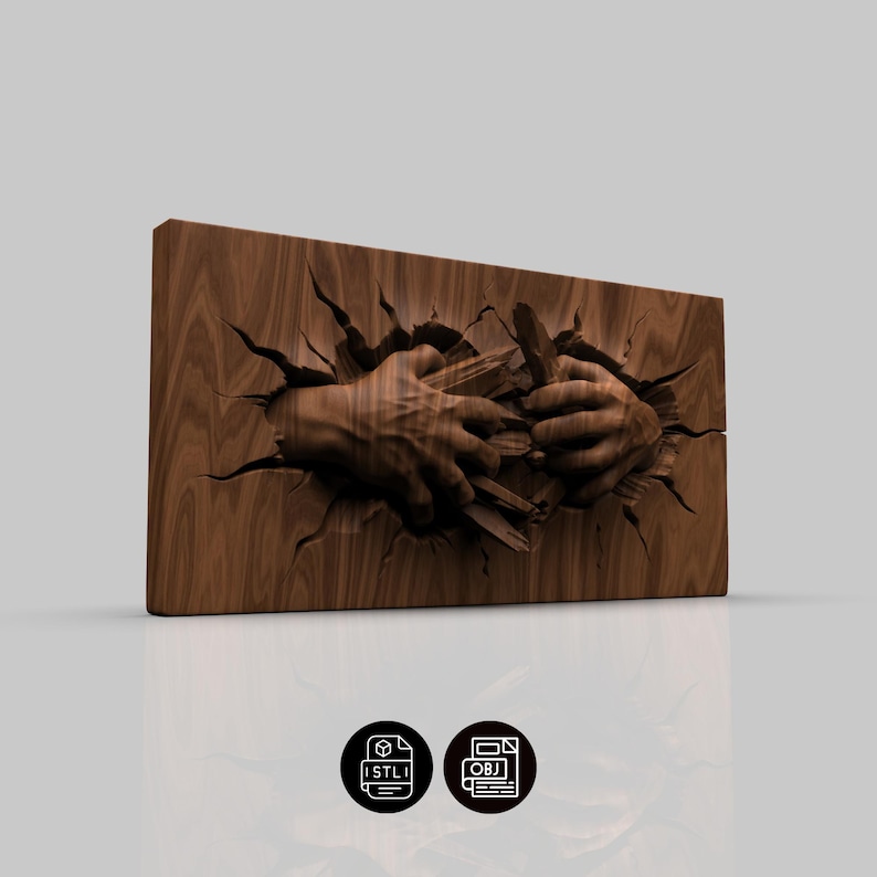 May include: A wooden relief sculpture showing hands emerging from a wooden surface, grasping wooden fragments. The sculpture is a warm brown colour, with detailed textures and shadows. The image includes STL and OBJ file icons.
