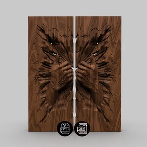 Puede incluir: Dos paneles de madera con un diseño tallado. El diseño presenta un par de manos que se extienden desde un fondo texturizado. La madera tiene un color marrón natural. Los paneles están separados por una fina línea vertical. Iconos de archivos STL y OBJ en las esquinas inferiores.
