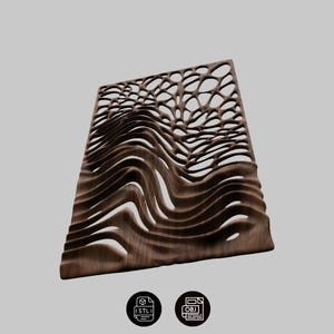 May include: A rectangular wooden panel featuring a complex, laser-cut design. The upper section displays an intricate, organic web-like pattern, while the lower section transitions into a series of fluid, horizontal, wave-like layered ridges.