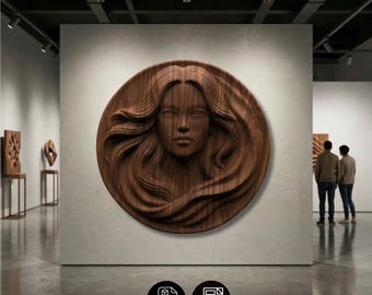 Round Woman Face 3D Model, Wavy Hair Medallion, CNC Wood Carving (Digital Download)