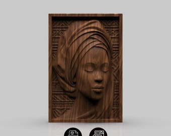 Framed African Woman Relief STL , Tribal Pattern Wood Carving , CNC Router 3D Printer File , Turban Portrait Wall Art Digital Model