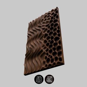May include: A brown, abstract wooden panel with a unique design. One side features flowing, wave-like patterns, while the other has a honeycomb-like structure. The panel is angled, showcasing its textured surface and intricate details.