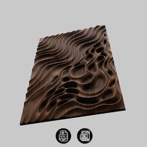 May include: A dark brown, rectangular wooden wall art piece with a carved, undulating wave pattern. The design features flowing, organic shapes and a textured surface. The piece has a modern, abstract aesthetic.