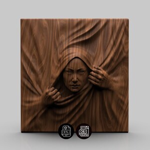 May include: A wooden relief sculpture depicting a woman's face emerging from draped fabric. The artwork is carved from wood, showcasing the grain and texture. The woman's hands are visible, pulling back the fabric. The sculpture has a square shape.