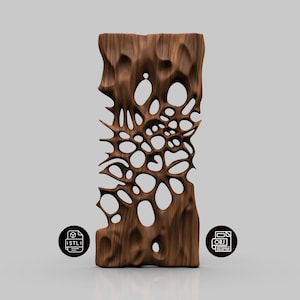 May include: A brown, wooden sculpture with a unique, organic design. The sculpture features a series of interconnected holes and textured surfaces, creating a visually striking piece. The artwork is a vertical rectangular shape, perfect for home decor.