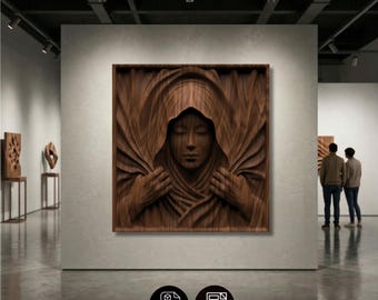 Framed Veiled Woman Relief STL & OBJ , Soft Fabric Wood Carving , CNC Router 3D Printer File , Square 3D Wall Art Panel Digital Model