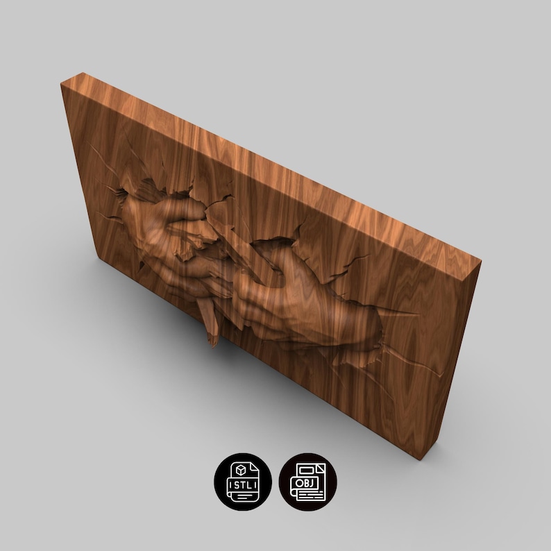 May include: A rectangular wooden relief sculpture showing two hands reaching out. The wood grain is visible, and the hands appear to be emerging from a cracked surface. The sculpture is a warm brown colour.