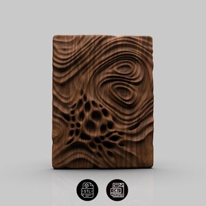 May include: A rectangular brown wooden panel featuring a carved, three-dimensional surface with flowing, wave-like ridges and a cluster of deep, irregular circular holes. Below the panel are two circular icons labelled STL and OBJ.