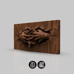 May include: A wooden relief sculpture showing hands emerging from a wooden panel. The hands are finely detailed, with visible veins and textures. The wood has a rich, brown colour. The rectangular sculpture has a contemporary design and is suitable for wall mounting.