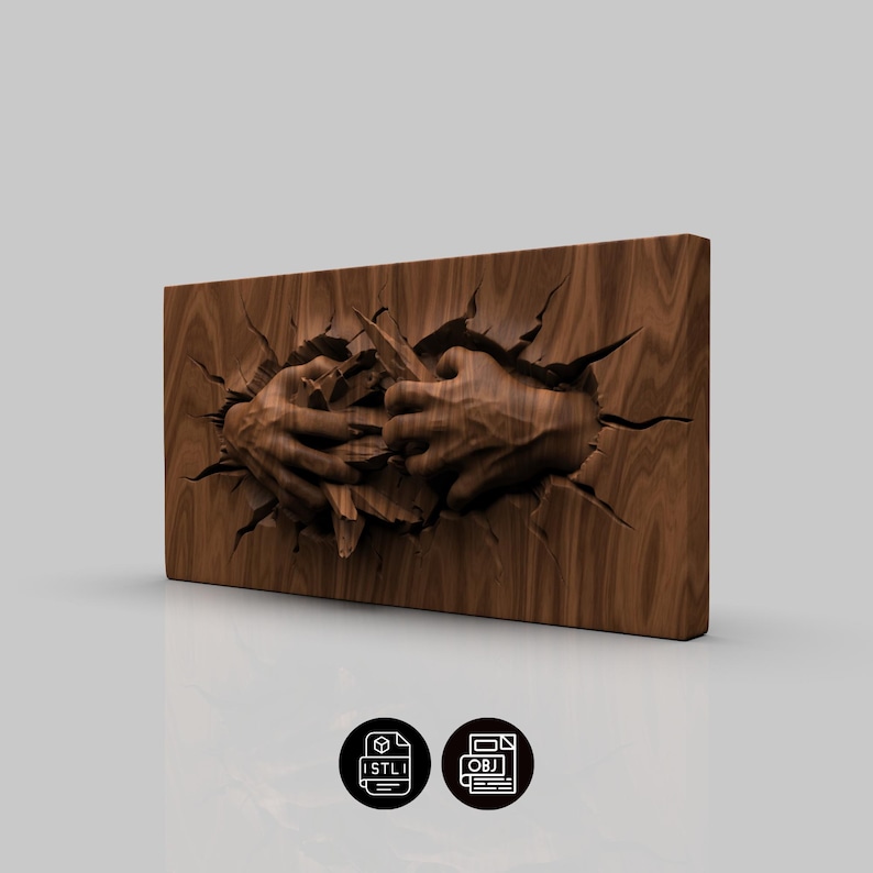 May include: A wooden relief sculpture showing hands emerging from a wooden panel. The hands are finely detailed, with visible veins and textures. The wood has a rich, brown colour. The rectangular sculpture has a contemporary design and is suitable for wall mounting.