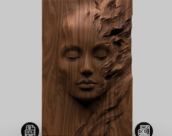 Surreal Woman Face Relief STL , Flowing Wood Texture Wall Art , CNC Router & 3D Printer File , Abstract Wood Carving Model