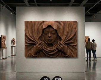 Wide Veiled Woman Face Relief STL , Horizontal Fabric Wall Art , CNC Router & 3D Printer File , Wood Carving Panel Digital Model