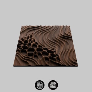 May include: A square dark brown wooden panel featuring a complex three-dimensional surface texture. One side displays a series of organic, interconnected honeycomb-like voids, while the other side transitions into smooth, flowing, wave-like ridges.