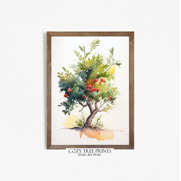 Printable Pomegranate Tree Watercolor, Fruit Art Print, Wall Art Digital Download