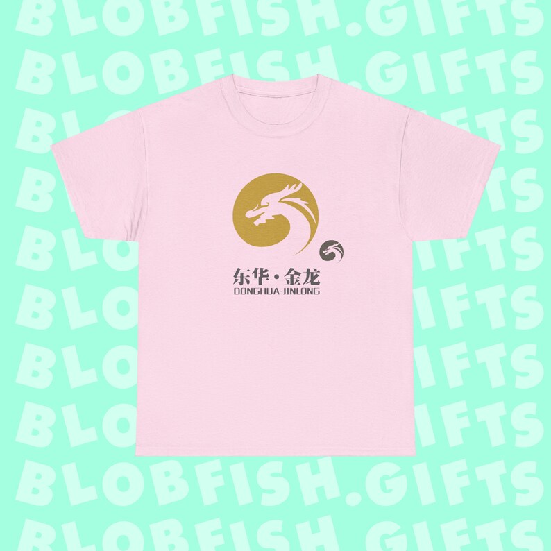 A pink shirt with the Donghua-Jinlong logo on it, with the background advertising blobfish.gifts