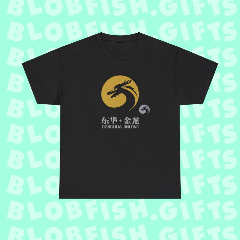 A Donghua-Jinlong glycine logo shirt in black, with "blobfish.gifts" in the background.