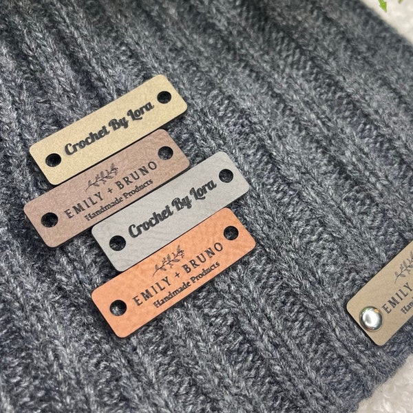 Small Customized 1.5 x 0.5 in Faux Leather Product Tags, w Rivets Personalized Tags for Knitting and Crochet, Cute Labels for Handmade Items