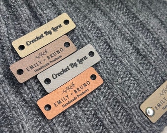 Small Customized 1.5 x 0.5 in Faux Leather Product Tags, w Rivets Personalized Tags for Knitting and Crochet, Cute Labels for Handmade Items