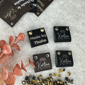 Customized 2 x 1 in Faux Leather Product Tags, SEW-ON  Personalized Tags for Knitting and Crochet, Rivets Cute Labels Handmade Items