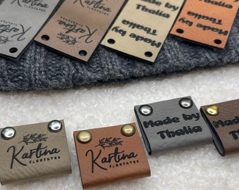 Customized 2 x 1 in Faux Leather Product Tags, SEW-ON  Personalized Tags for Knitting and Crochet, Rivets Cute Labels Handmade Items