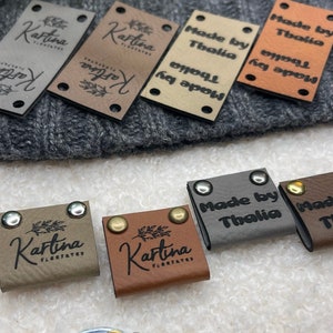 Customized 2 x 1 in Faux Leather Product Tags, SEW-ON  Personalized Tags for Knitting and Crochet, Rivets Cute Labels Handmade Items