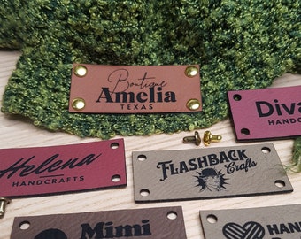Customized 2.25 x 1 in Faux Leather Product Tags, SEW-ON  Personalized Tags for Knitting and Crochet, Rivets Cute Labels Handmade Items