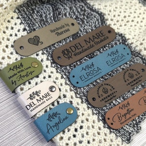 Aangepaste labels 2,90 x 0,80 inch voor breiwerk, labels van imitatieleer voor handgemaakte items, leren labels met klinknagels, labels voor gebreide mutsen