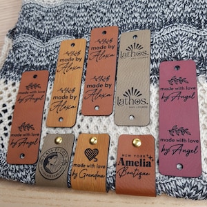 Custom Tags 0.95 x 3 inch For Knits And Crochet, Faux Leather Labels For Handmade Items, Leather Tags With Rivets, Tags For Knitted Hats