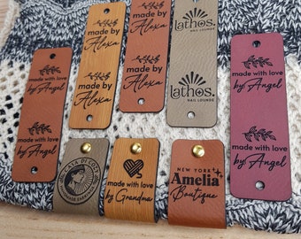 Custom Tags 0.95 x 3 inch For Knits And Crochet, Faux Leather Labels For Handmade Items, Leather Tags With Rivets, Tags For Knitted Hats