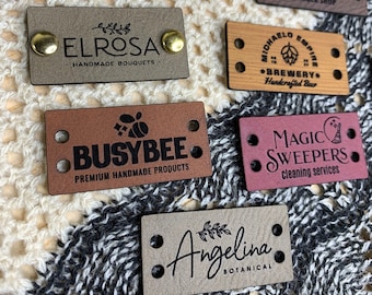 Customized 1.5 x 0.75 in Faux Leather Product Tags, SEW-ON  Personalized Tags for Knitting and Crochet, Rivets Cute Labels Handmade Items