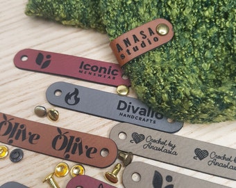 Custom Tags 2.5" x 0.5" For Knits And Crochet, Faux Leather Labels For Handmade Items, Leather Tags With Rivets, Tags For Knitted Hats