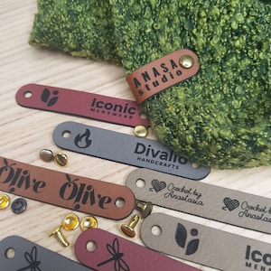 Custom Tags 2.5" x 0.5" For Knits And Crochet, Faux Leather Labels For Handmade Items, Leather Tags With Rivets, Tags For Knitted Hats